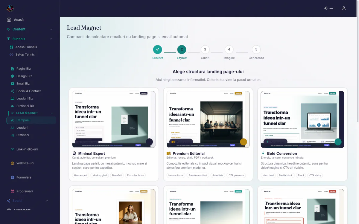Galerie de structuri de landing page pentru lead magnet